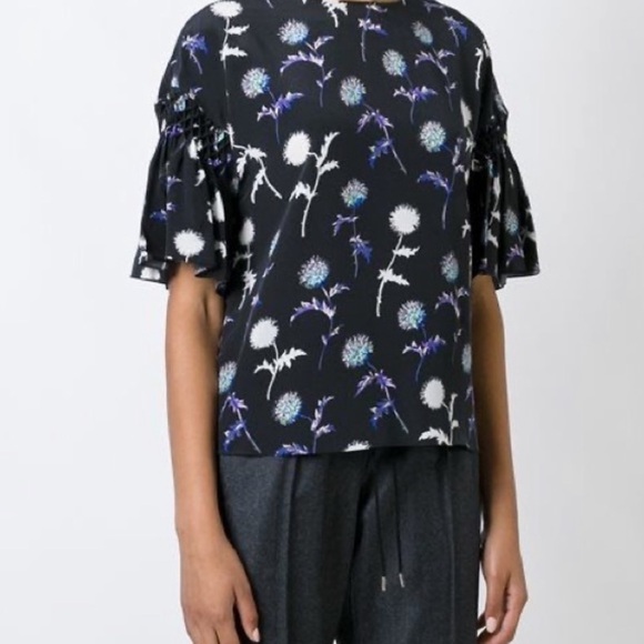 Kenzo Paris / dandelion print silk flutter sleeve Floral crop  Top 44 xl - Picture 2 of 10